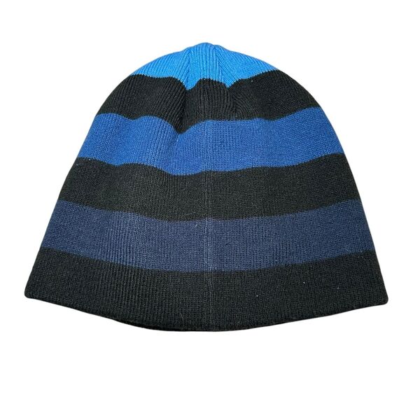 The North Face Highline Banner Beanie Hat Blue One Size Stitched Logo Striped - Picture 2 of 3